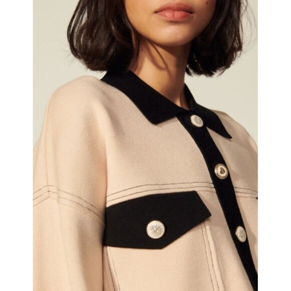 NWT Sandro Cher Cropped Cardigan Beige Black Topstitch Button Up Size 0 / XS - Picture 4 of 13